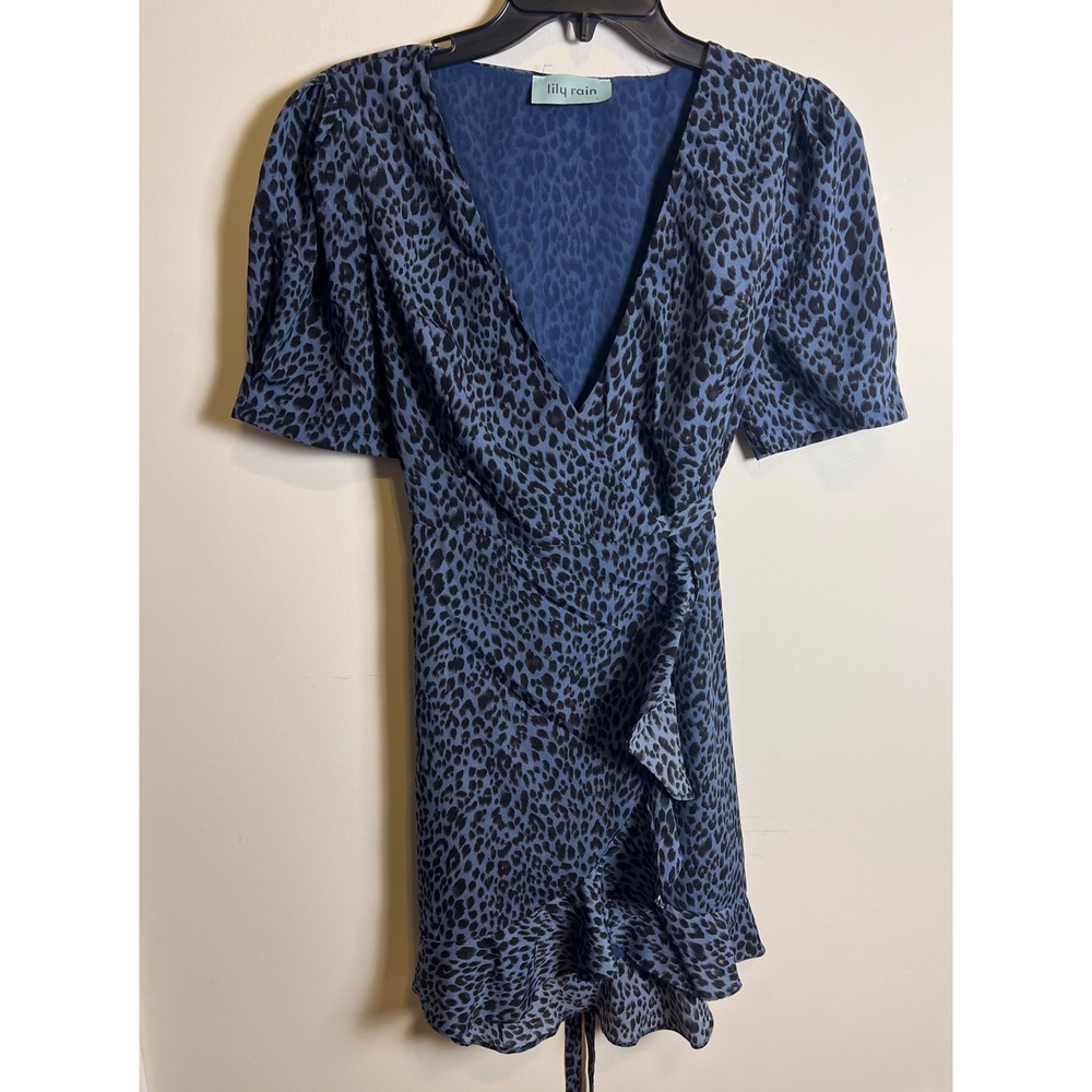 Lily Rain Blue Leopard Print Wrap Ruffle Hem Mini Dress Women's Size L‎